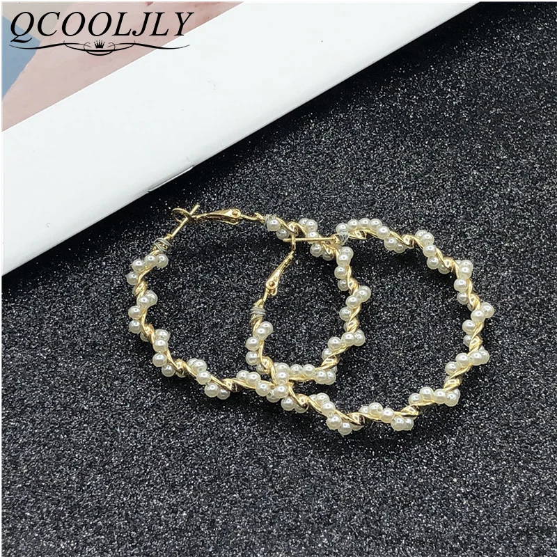 QCOOLJLY негабаритных жемчужные серьги-кольца для женщин девушек уникальные витые Большие Круглые Серьги Brincos эффектные элегантные ювелирные изделия