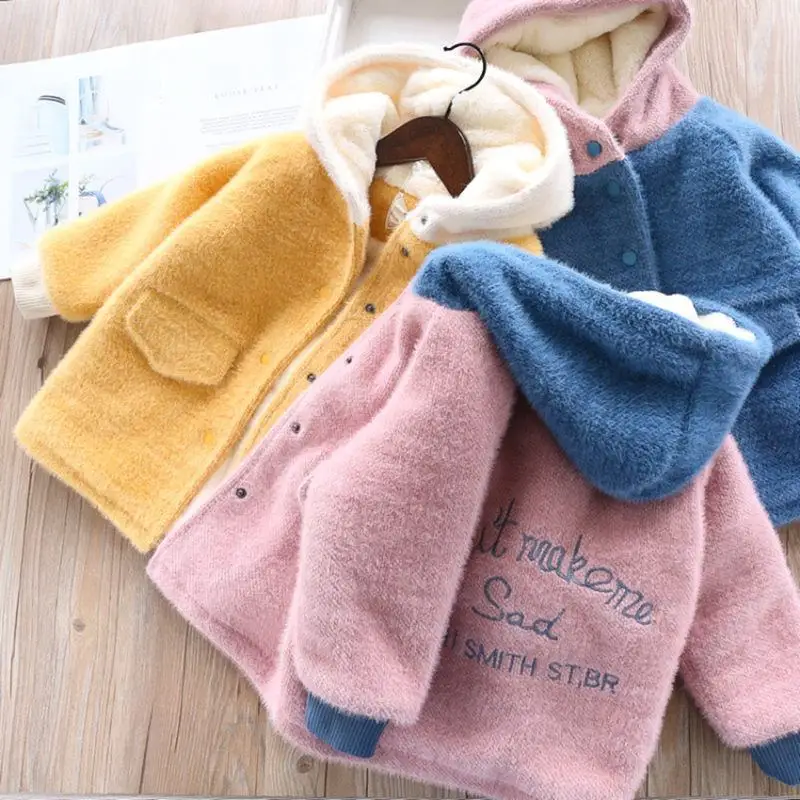 

2019 Autumn Winter New Children Girls Woolen Hooded Outerwear Kids Girls Faux Mink Fur Warm Thick Plus Velvet Coat Jacket N70