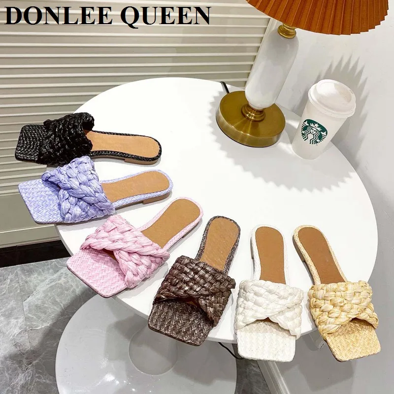 

2021 Fashion Crocheting Lafite Grass Square Toe Slippers Women Shoes Flat Heels Slide Summer Cane Weave Sandal Casual Flip Flops