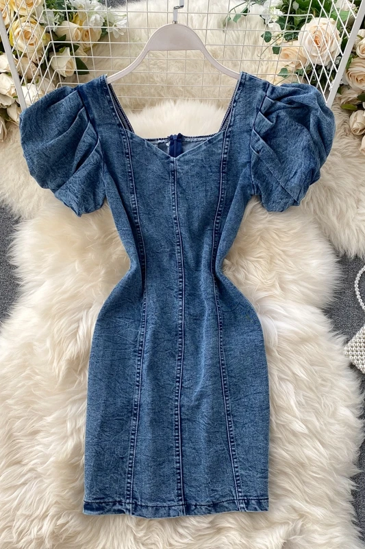 

New Style Court Style Bubble Sleeve Denim Dress Women's Summer