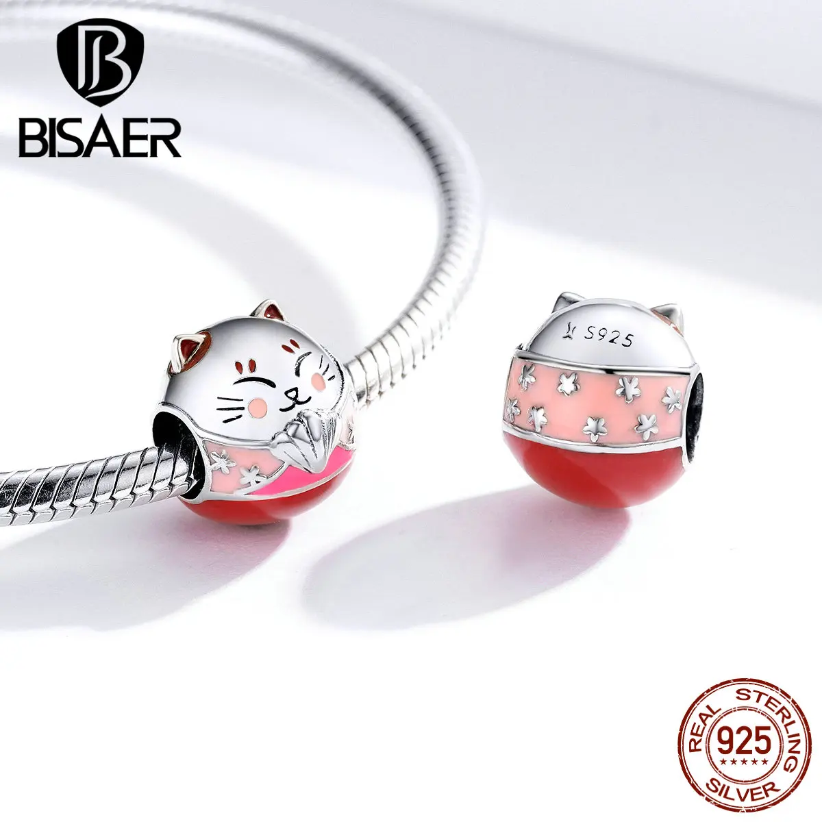 Бусины кошка BISAER Лидер продаж 925 пробы серебро Maneki Fortune Neko Lucky талисманы подходят бусины браслеты серебро 925 ювелирные изделия ECC1341