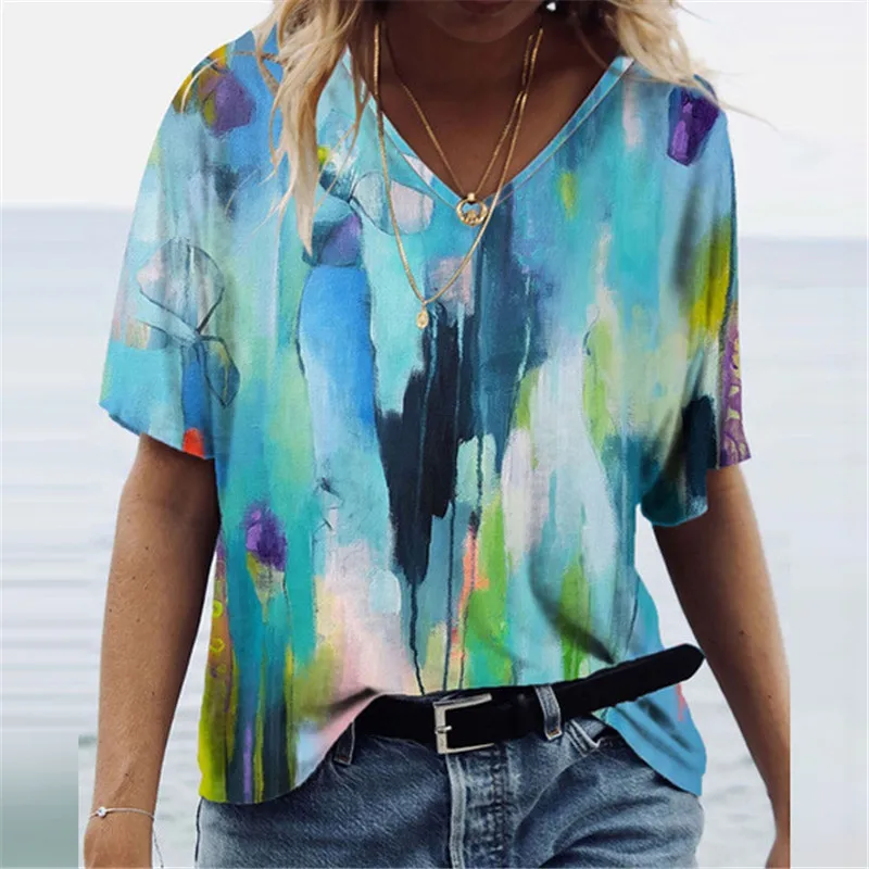 

Plus Size Women Plant Flowers Print T Shirt Summer 2021 New Fashion Casual Street Tops Loose Short Sleeve V-neck Female Tee Tops