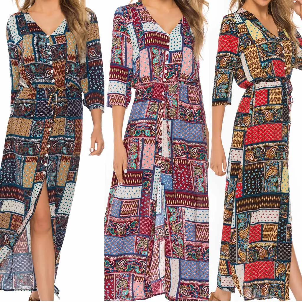 Женское богемное платье с поясом винтажное пляжное V образным вырезом