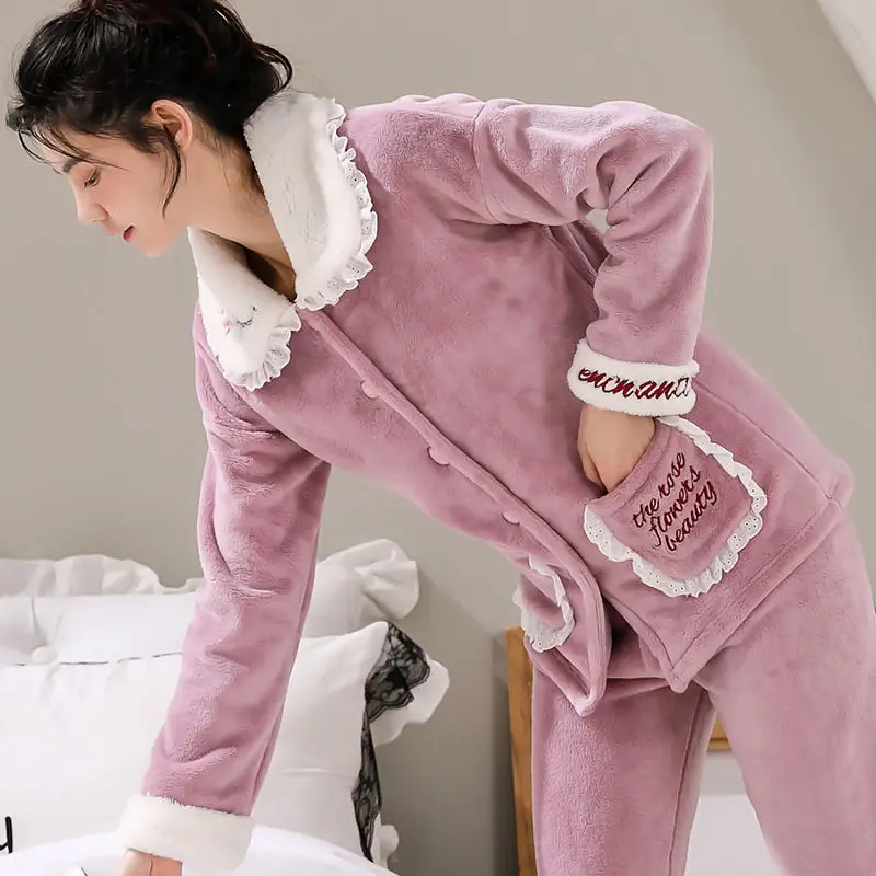 Women's Lace Pajamas Sexy Sleepwear Set Women Embroidery Pajama Set Long  Pant Hot Warm Flannel Winter  Homewear Big Size