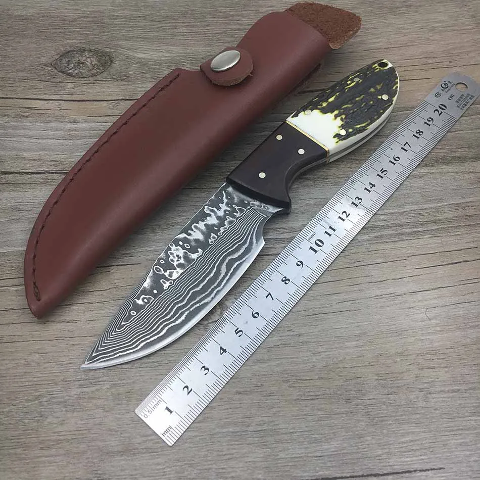 

Handmade Forged Damascus Steel Hunting Knife Fixed Knife Rosewood+ Antler with Cowhide Leather Cover