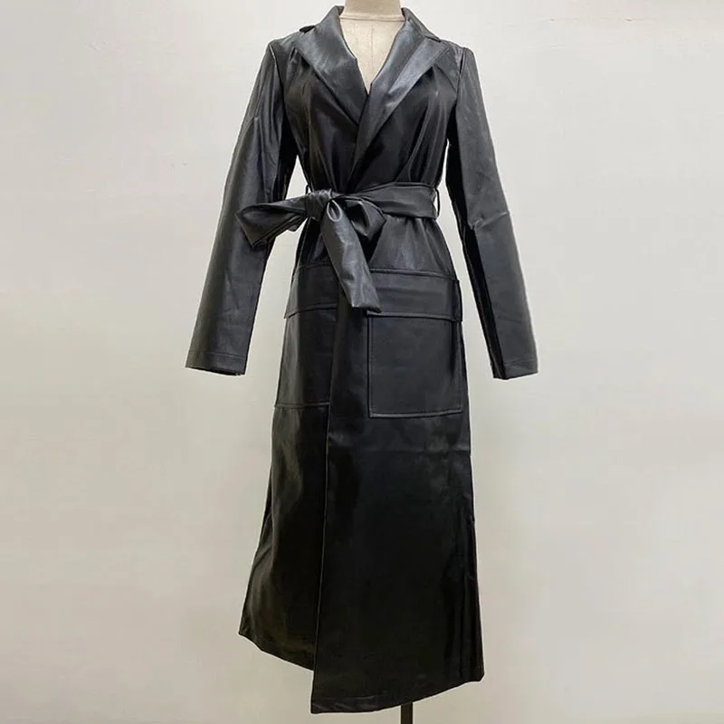 Faux Leather Coat XL-7XL Black Pu Women 2022 Spring Lapel Long Sleeve Slim Basic Elegant Lady Overcoats Fashion Outwear N102 images - 6