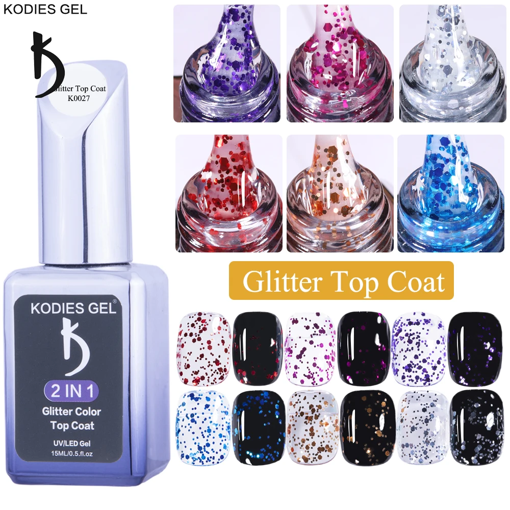 

KODIES GEL NEW Nail Gel Polish Top Coat No Wipe 2 IN 1 Mix Glitter Reflective Diamond Topcoat UV Semi Permanent Nails Art Gellak