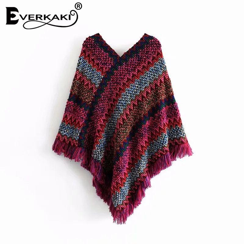 Everkaki Boho с кисточками вязаный свитер шаль женские обертывания толстые осенние винтажные женские накидка с воротником обертывания женские Зима Новые - Цвет: Rosy Red