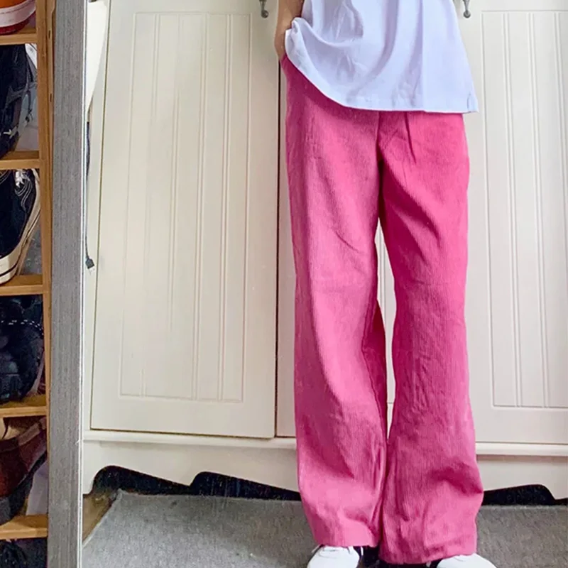 

Straight Pants Women Chic Harajuku Pink Corduroy Retro Popular Ladies Streetwear Simple Full-length Elasticated Womens Trousers