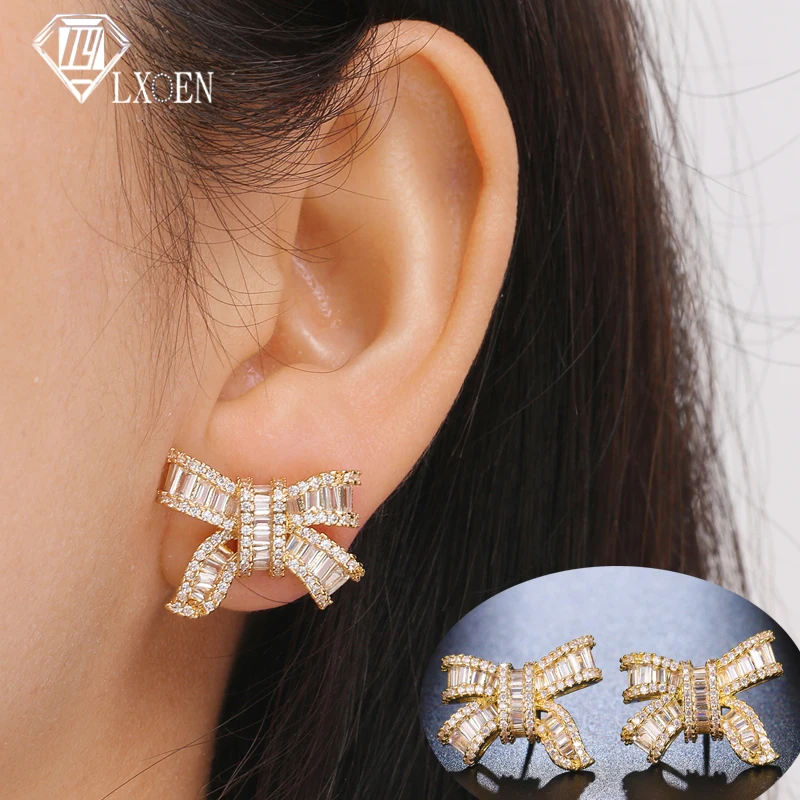 

LXOEN Brilliant Cubic Zirconia Bowknot Stud Earrings for Women Girls Fashion White Gold Color Wedding Jewelry