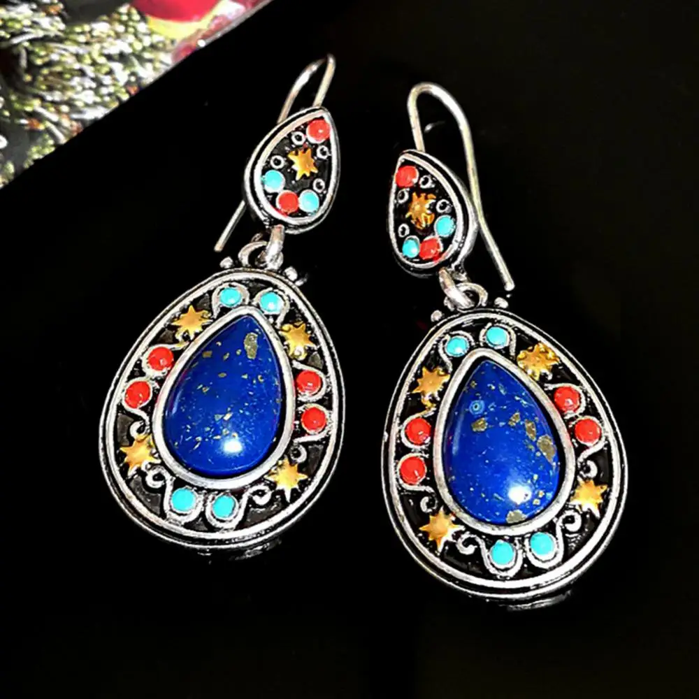 

Hot Sales!! Vintage Colorful Faux Gemstone Inlaid Waterdrop Pendant Women Hook Earrings