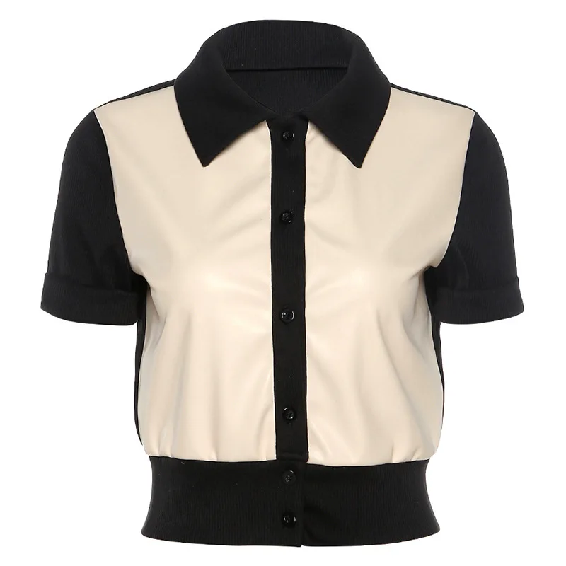

2021 Summer Women's New Lapel Short Sleeve Cardigan Base PU Leather Stitching Color Slim All-match T-shirt