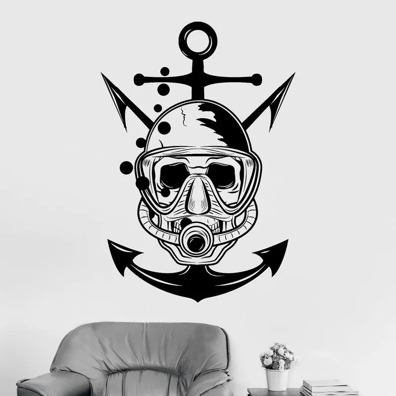 

Skull Diver Marine Nautical Art Scuba Anchor Wall Sticker Vinyl Home Decor Room Bathroom Sea Ocean Decals Removable Mural 4055