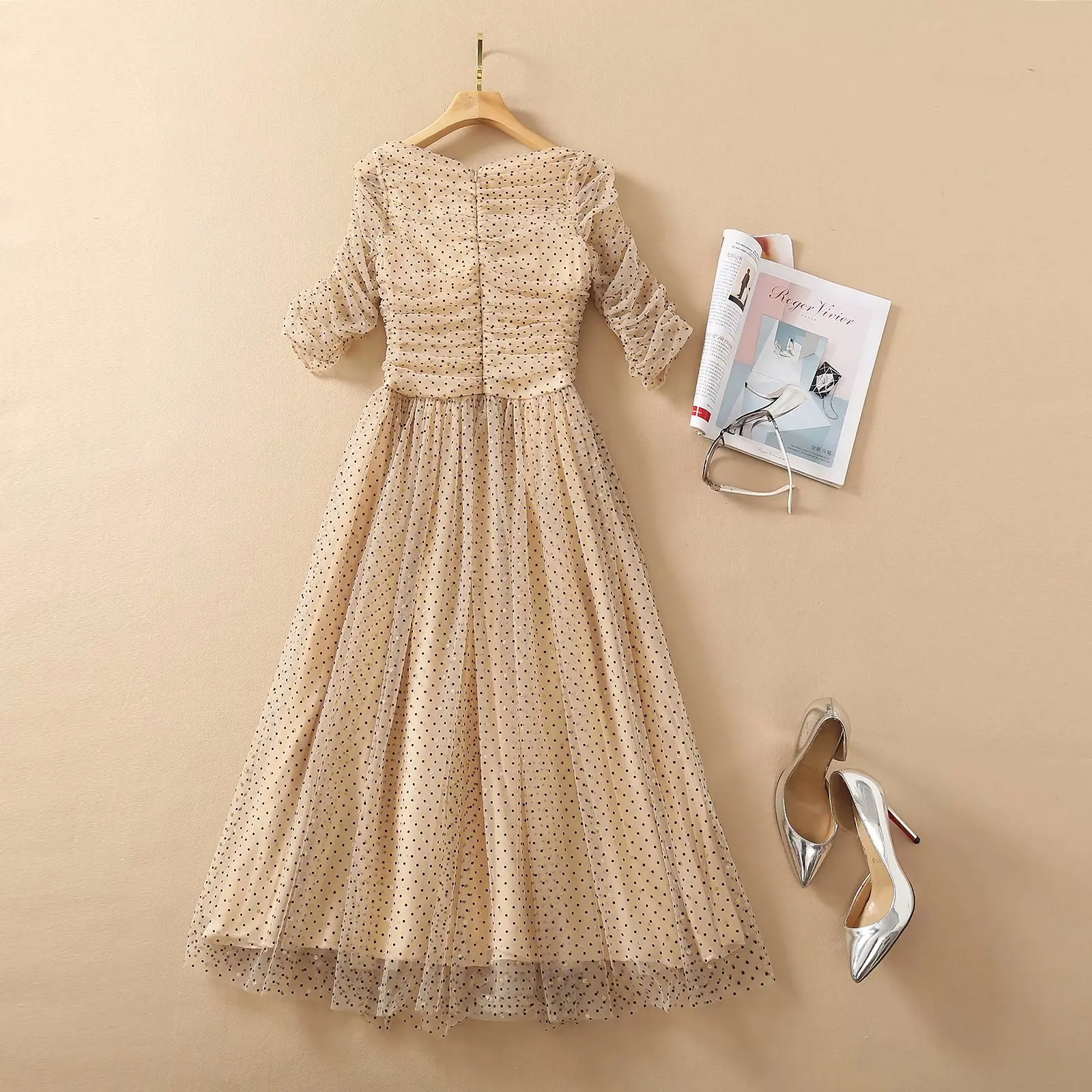 

Woman High Stree Designer Lace Prom Robe Lady Short Sleeve Square Collar Polka Dot Draped Dress Sexy Club Vestidos