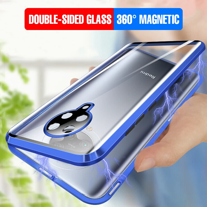 Magnetic 360 adsorption metal and glass protective case, suitable for Xiaomi Redmi Note 9, 8, 7, K20 Pro, 8T, 8A, Mi Note 10 Lit