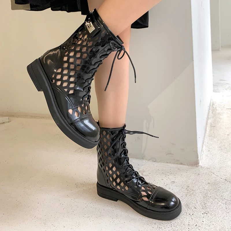 Online Sepatu Bot Pergelangan Kaki Wanita Musim Panas Populer Sandal Berongga Kulit Asli Buatan Tangan Sepatu Wanita Wedges Sol Lunak Sepatu Bot Martin Wanita Ritsleting