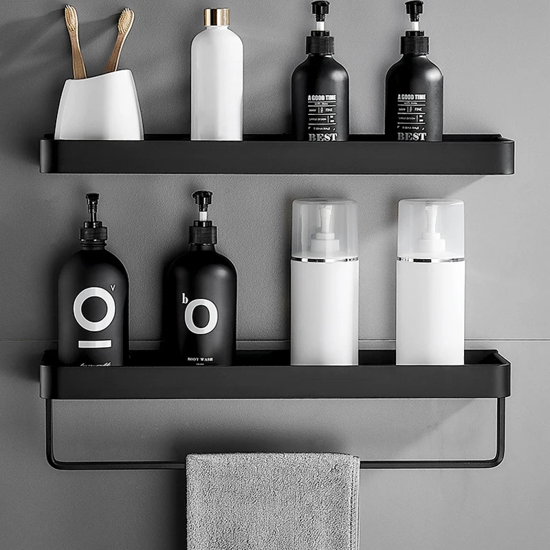 

Home Multifunctional Bathroom Shelf Wall Shelves Shelf Aluminum Black Bathroom Corner Shelf Wall Mounted Storage Rack with Hook