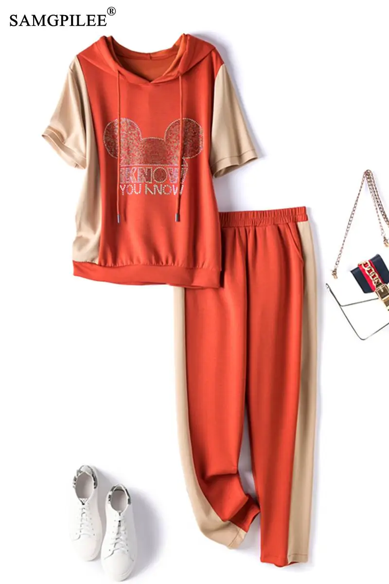 

Casual Suit 2021 Summer New Hot Diamond Cute Cartoon Pattern Hoodie Elastic Waist Nine-point Pants Sport Two Piece Set For Women