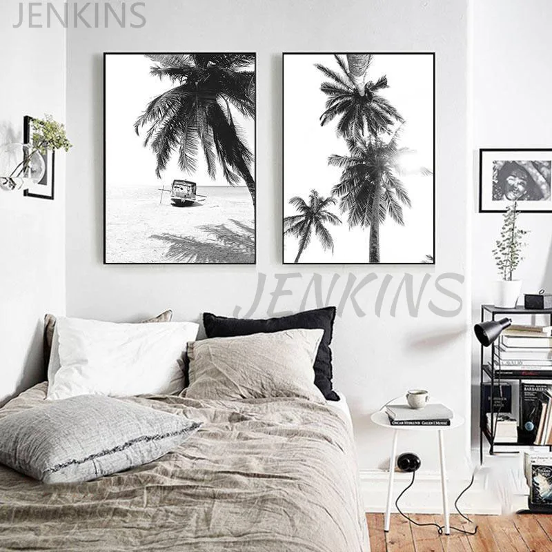 

Black White Minimalist Tropical Landscape Poster Wall PictureNordic Palm Tree Print Art Home Decor Beach Canvas Painting