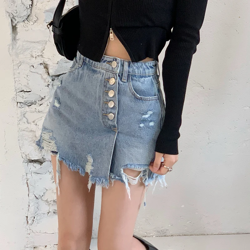 

2021 Spring Retro Korean Raw Edge Washed Denim Skirt Pants With Holes High Waist And Thin All-Match Fashion Irregular Jeans
