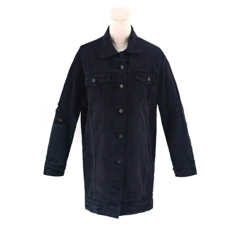 

Women Autumn Black Denim Jacket Long Sleeve Casual Button Jacket With Pockets