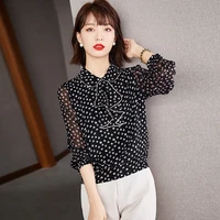 autumn korean fashion polka dot printing chiffon blouses elegant female slim ruffles neck shirts tops blusa