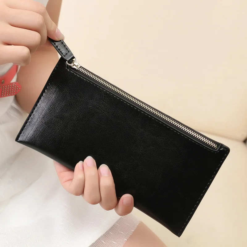 

Slim New Genuine Leather Card Wallet Women Simple Credit Card Holder Cover Fashion Long Zipper Phone Purse Clutch Bag