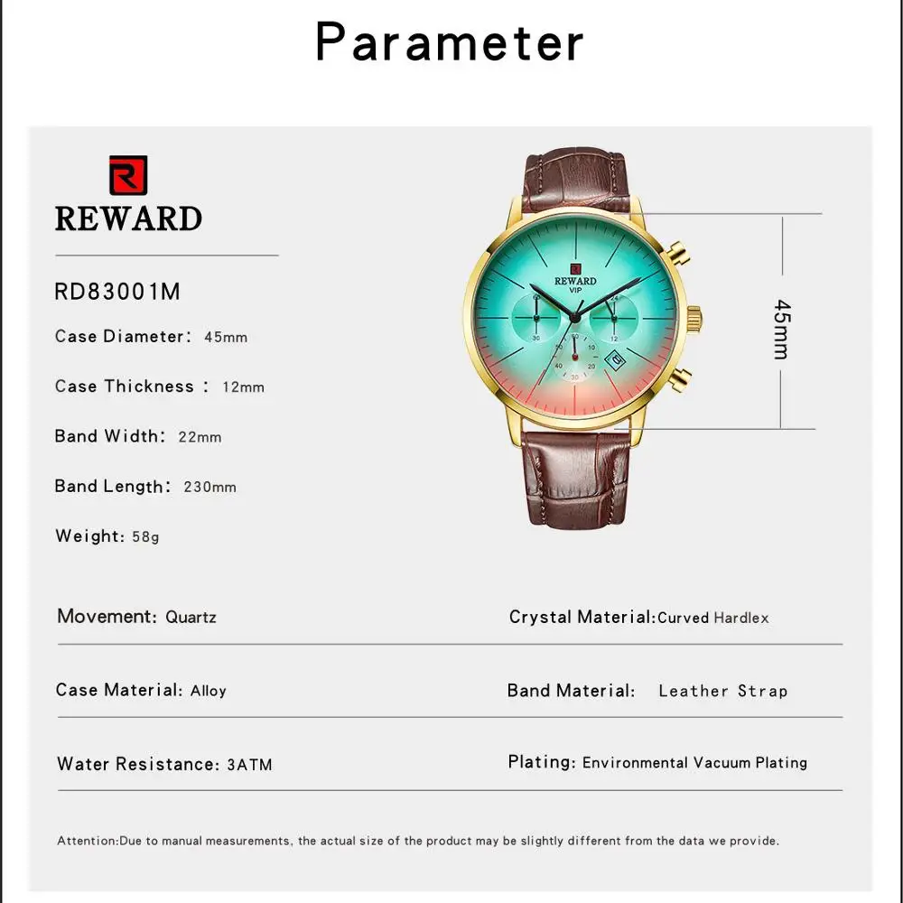 

REWARD Gradient Men Watches Brown Leather Strap Luxury Golden Case Top Brand Calendar Display Waterproof Casual Quartz Watch