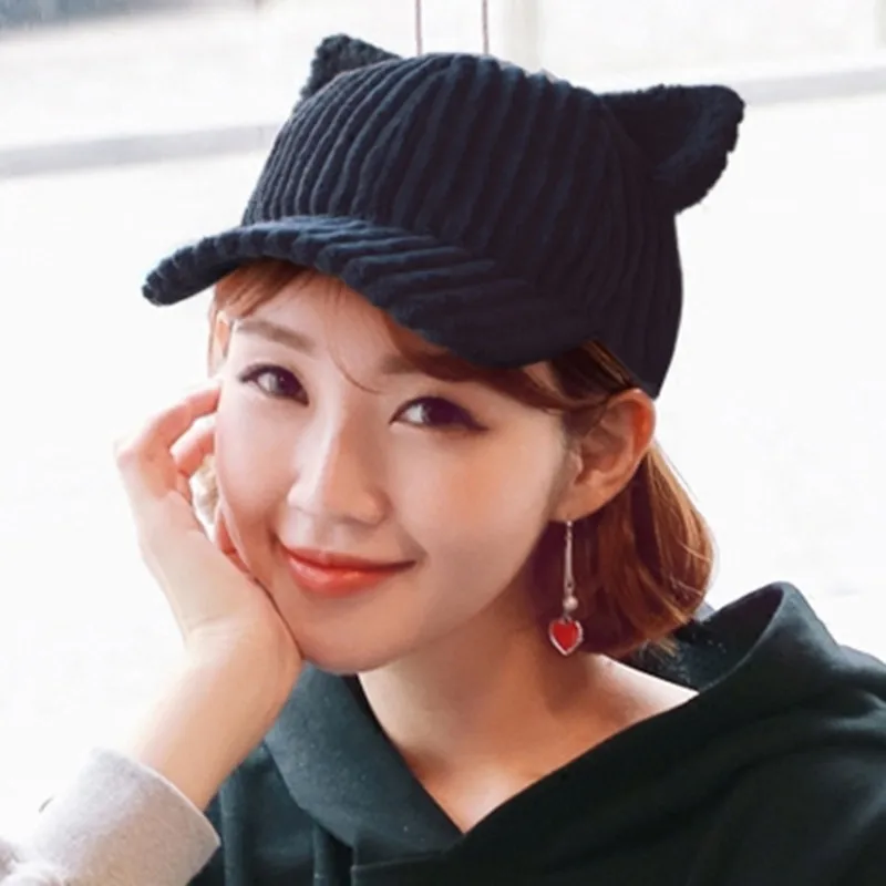 Грубая вельвет милые плюшевые Кепка с кошачьими ушками Женская осенне зимняя