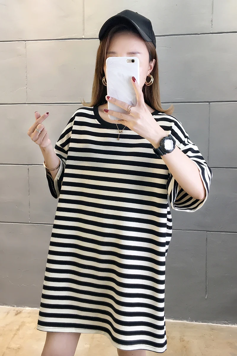 

2021 New Striped Women's T-shirt Summer Mid-Length Female Casual Tops Loose Plus Size 2XL Student Cotton T-shirt