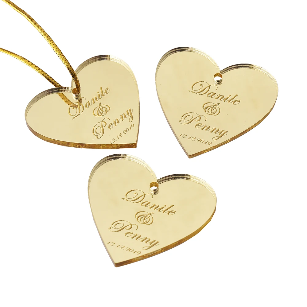 100Pcs Personalized Engraved Mirror Love Heart Wedding Tags 40/45/50mm Choose Baptism Tag Baby Shower Gift Favor Party Decor | Дом и сад