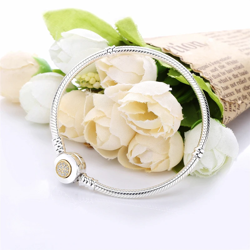 

Real 925 Sterling Silver Momemts Two-tone Signature Snake Chain Bracelet Bangle Fit European Charm Bracelets Women Jewelry