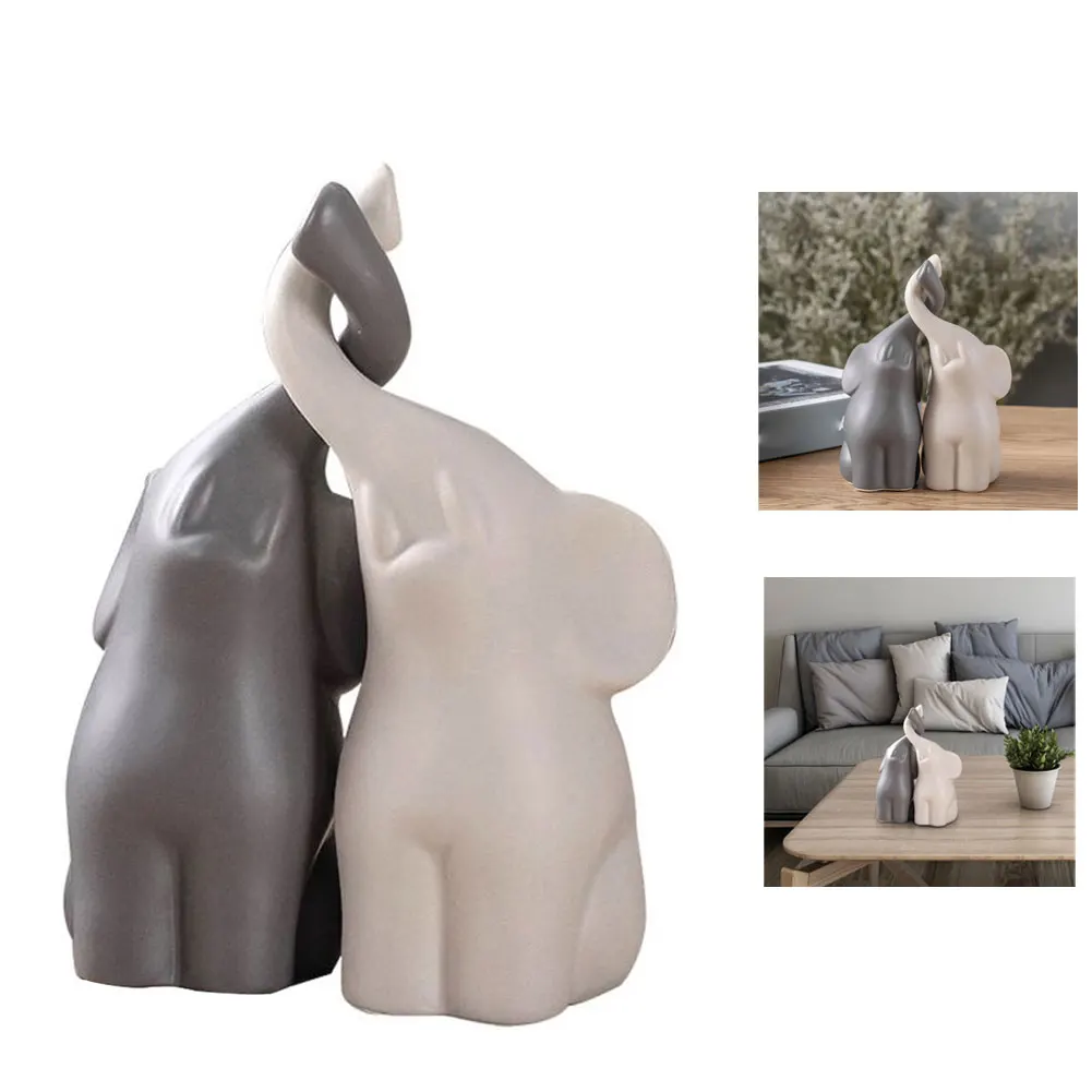 

1 Pair Elephant Figurines Decorative Ceramic Miniature Elephant Couples Sculpture Statue Elephant Desktop Decoration