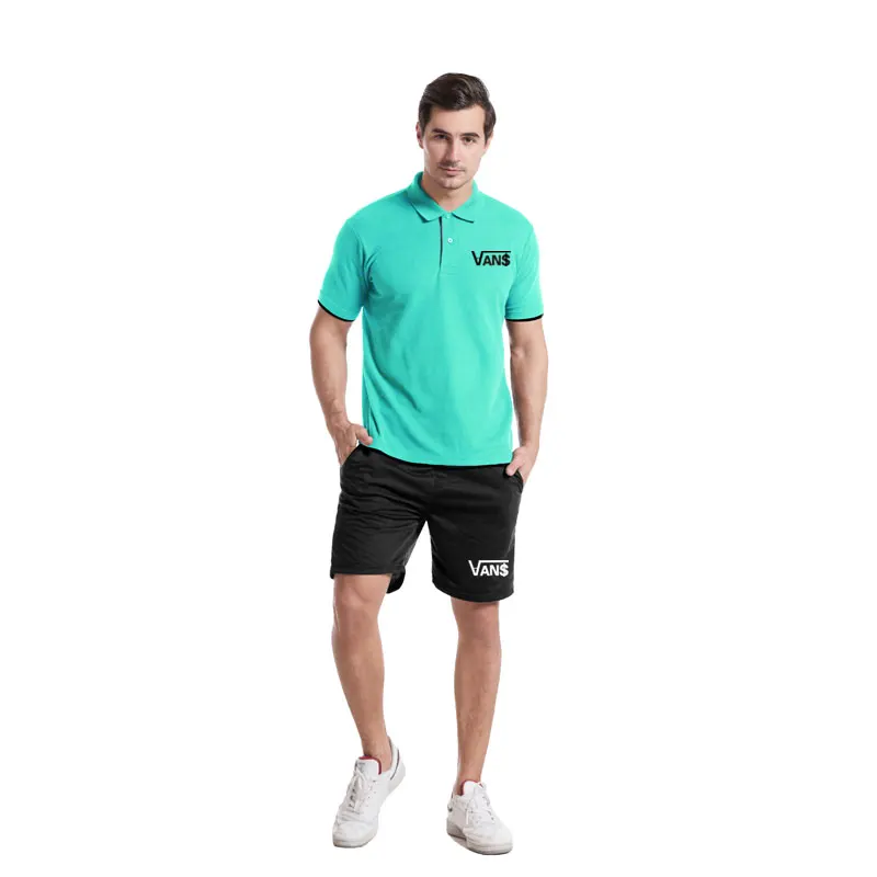 

2021 Korean Summer New Men Thin Print Short Sleeve Polo Shirt Casual Loose Lapel T-shirts+Comfort Sport Shorts Two-piece Suit