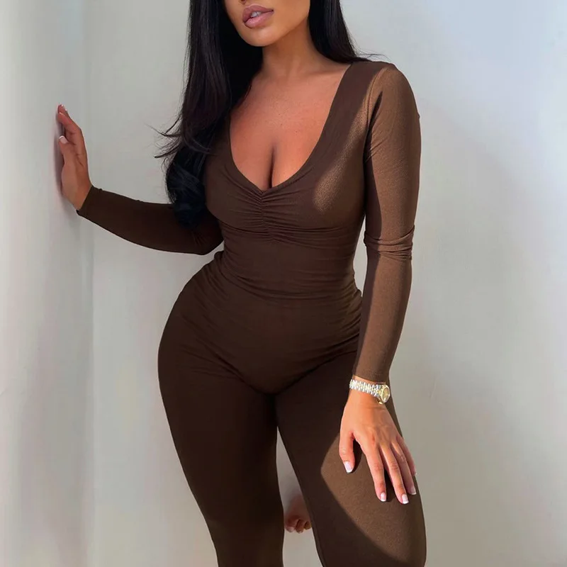 

2021 New Women's Solid Color High Waist Skinny Sexy Low-chest Sports Fitness Casual Jumpsuit Overall One Piece Outfit Women