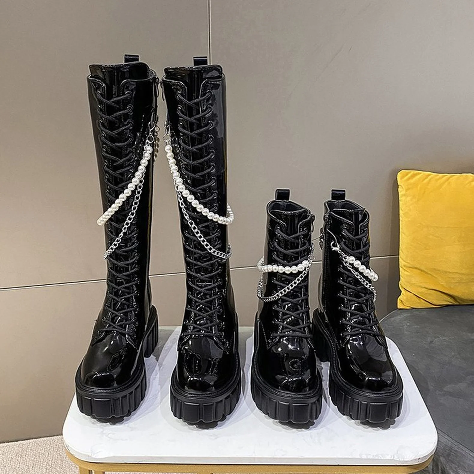 

2021 new Boots Platform Chain Decoration Trendy Street Shoes Black Cross Straps Pearl Zipper Women Knee High Botines De Mujer