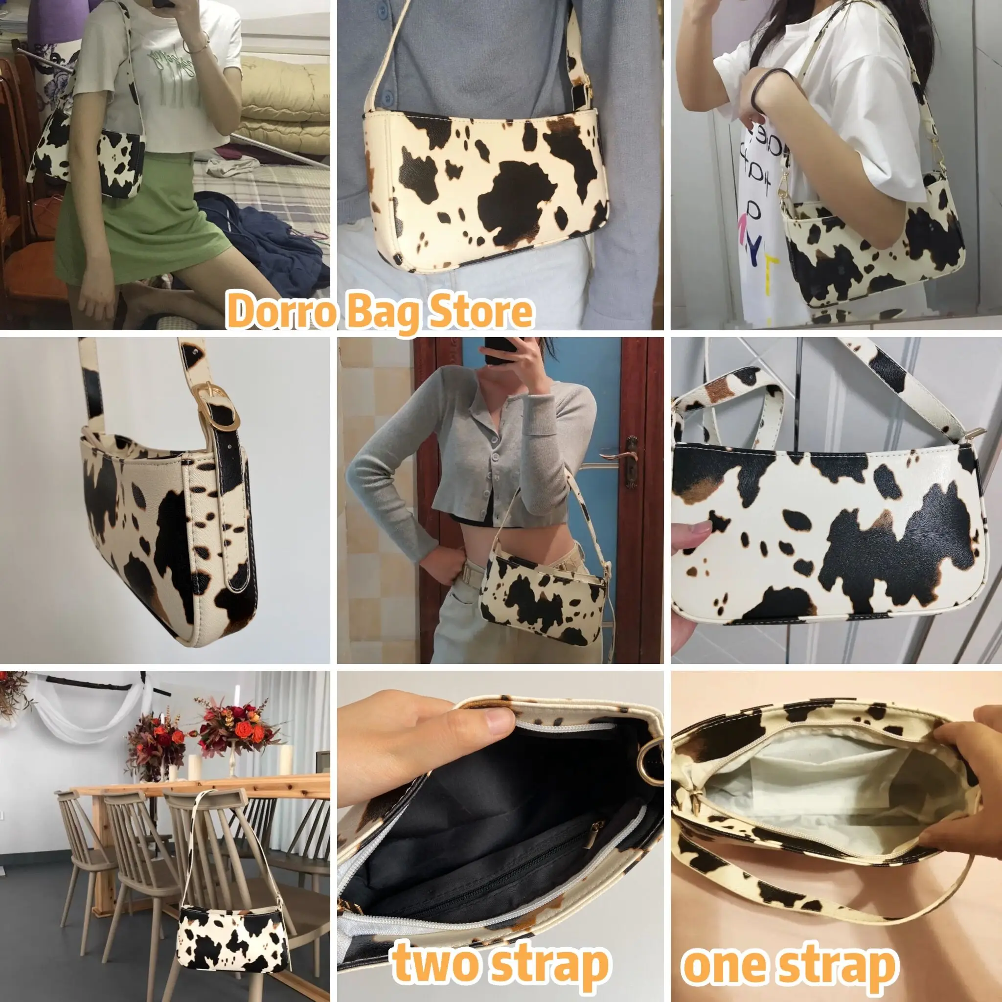 

Fashion Design Milk Cow Print Women Underarm Baguette Handbags Vintage PU Leather Girls Shoulder Messenger Bags Women Armpit Bag