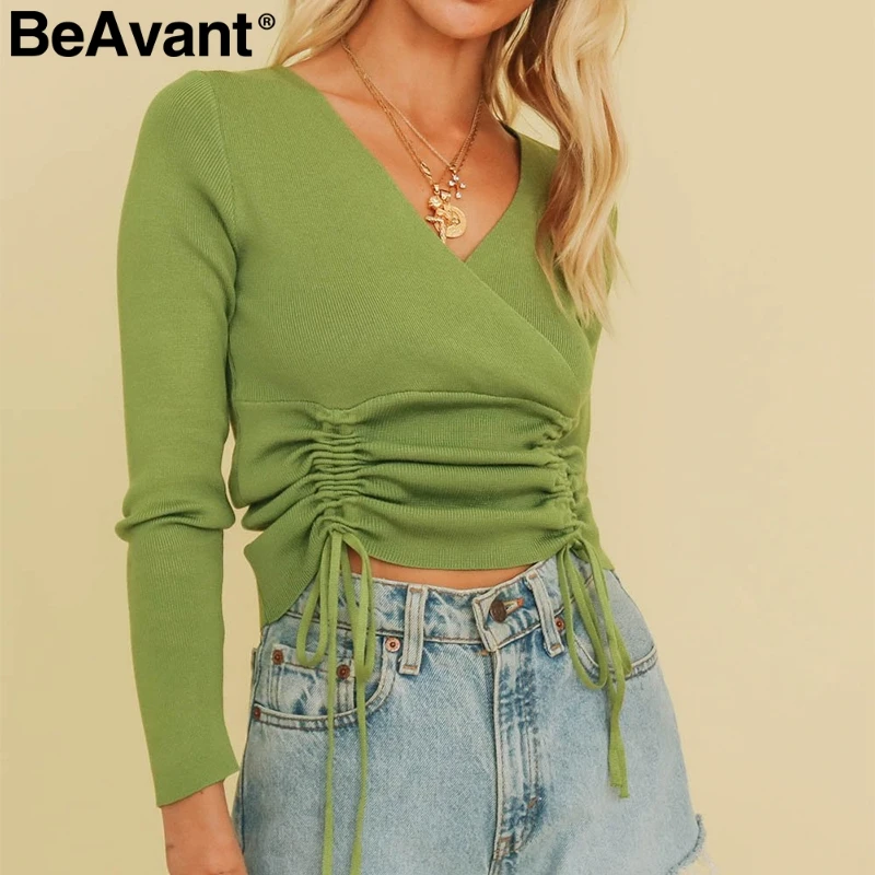 BeAvant Sexy v-neck women knitted pullover sweater Autumn winter long sleeve female Drawstring streetwear ladies jumper | Женская одежда