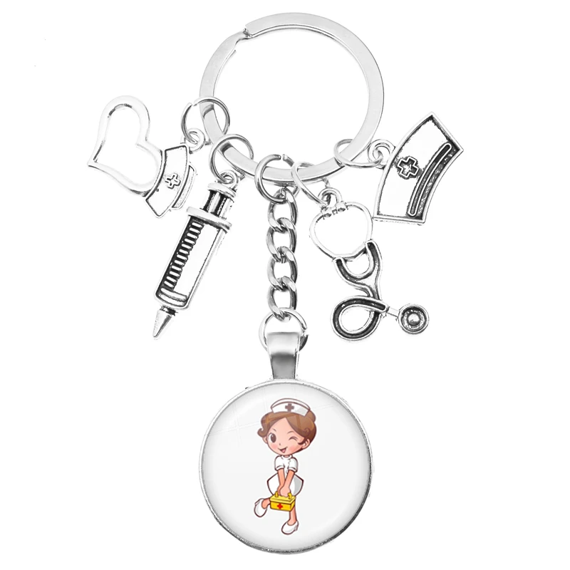 

New Fashion Creative Nurse Medical Syringe Stethoscope Image Keychain Glass Dome Suitable Nurses Doctors Key Ring Pendant Gift