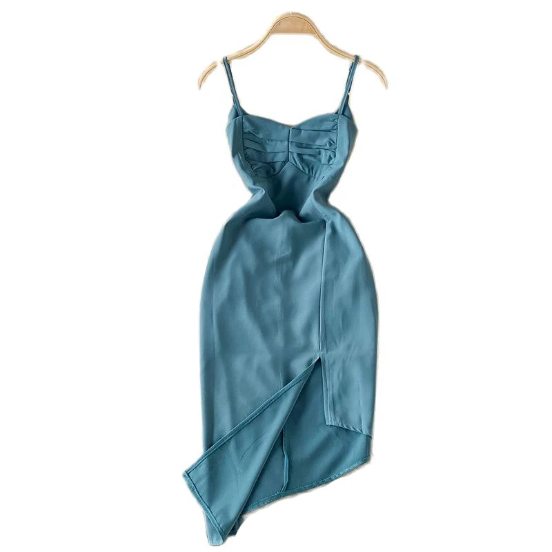 

Summer New French Irregular Split Backless Sexy Midi Suspender Dress Women Party Fashion Strap Camisole Sundresses