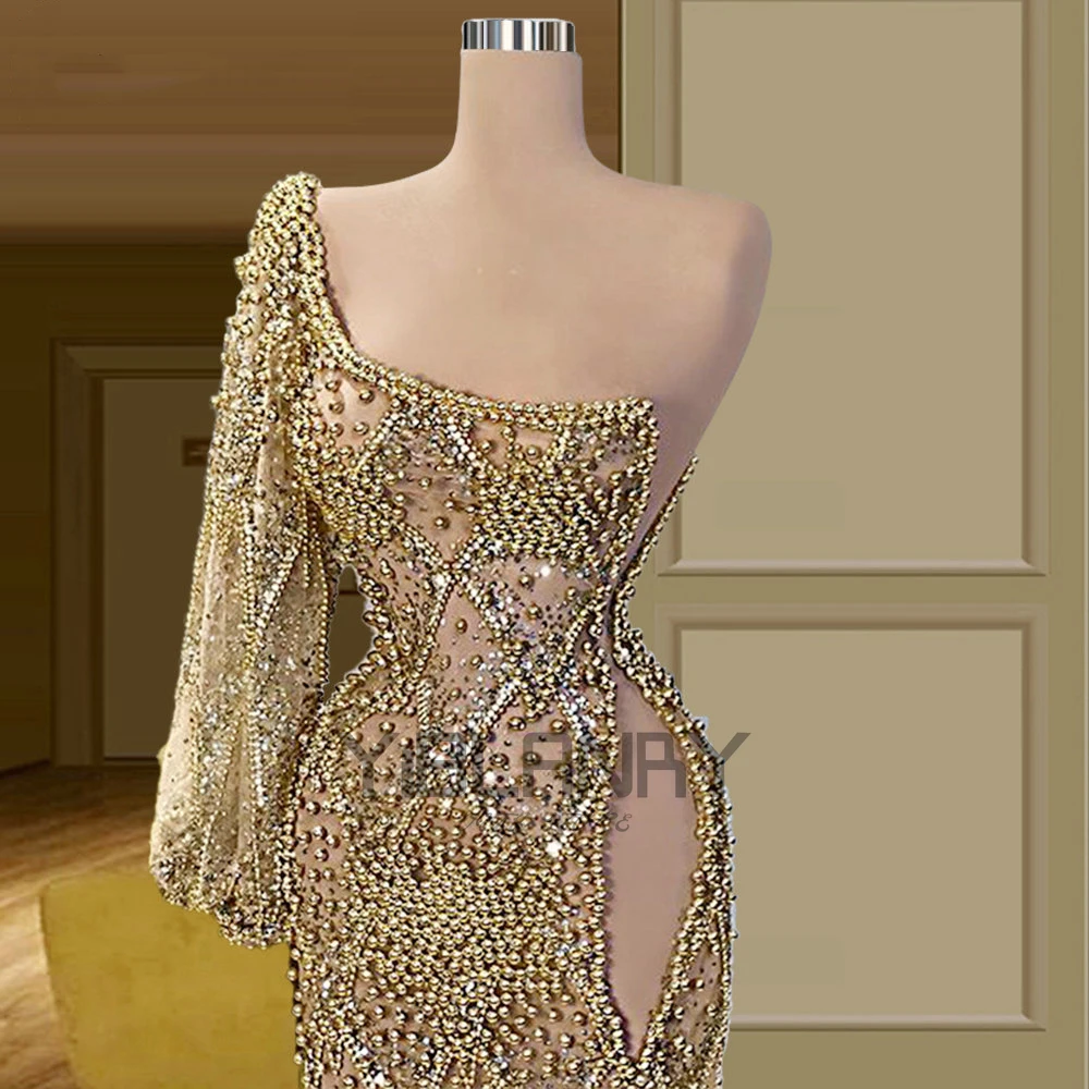 

YILIBER Evening dresses 2021 vintage vlack pearls long sleeves evening gowns beading prom dresses for women short dresses