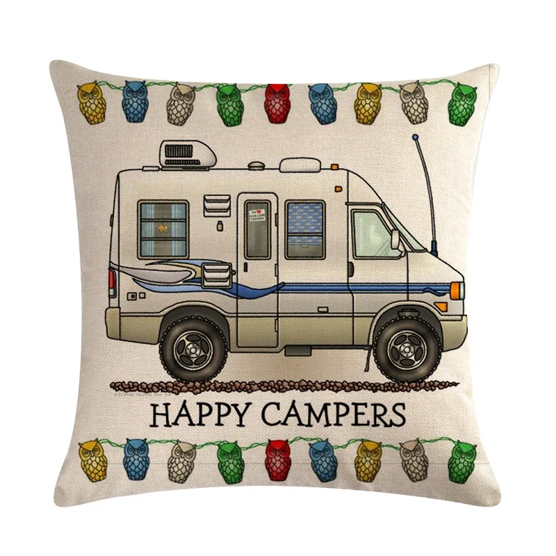 

New Happy Campers Cartoon Caravanning Cushion Cover Hot Linen Pillowcase Livingroom Sofa Modern Decorative Throw Pillows Cover