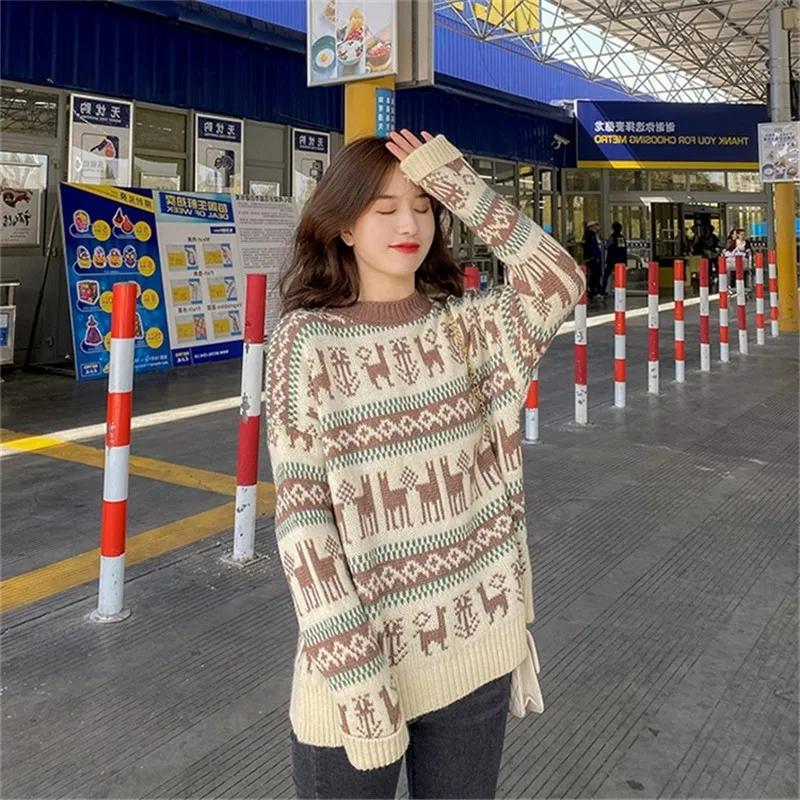 

Round Neck Sweater Women's Pullover 2020 Autumn And Winter Wear New Loose Fashion All Match Christmas Deer Base Sweater C342