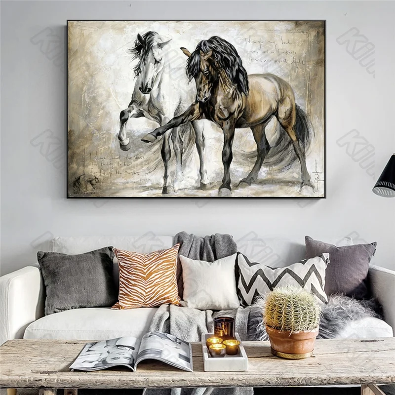 

Europe Style Murals Black Horse and White Horse Frameles Poster Home Residential Bedroom Decoration Living Room Canvas Painting