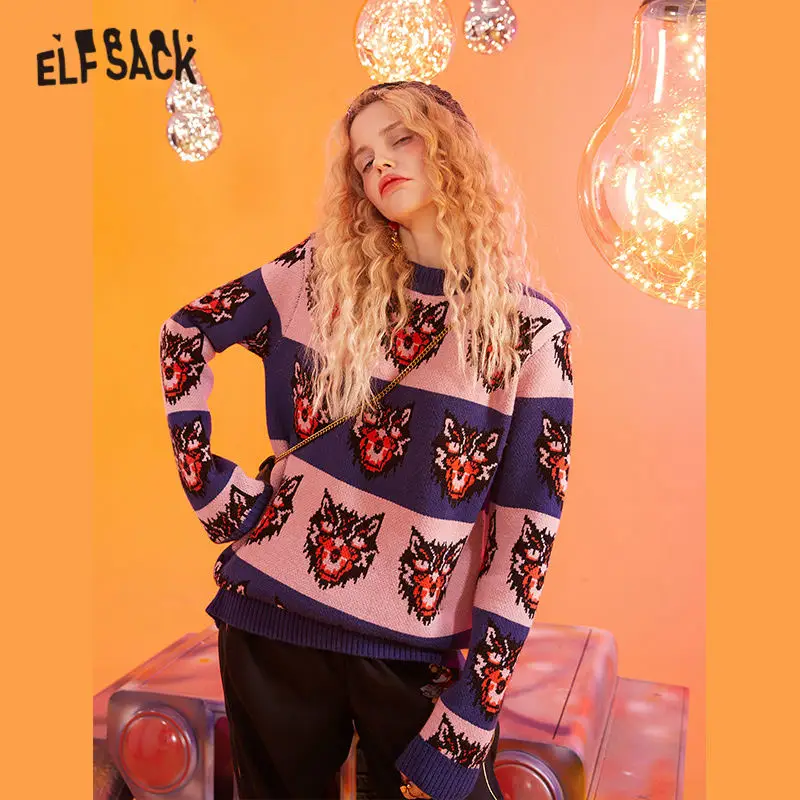 ELFSACK розовый волк принт вязанные повседневные пуловеры женские свитера зима 2020