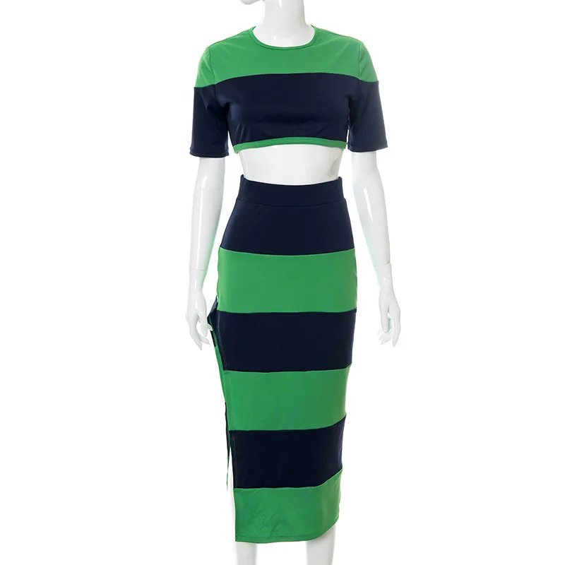 

Short-sleeved Sewing Solid Color Belly Button High Waist Casual Slit Female Skirt Suit 2021 Summer New Style