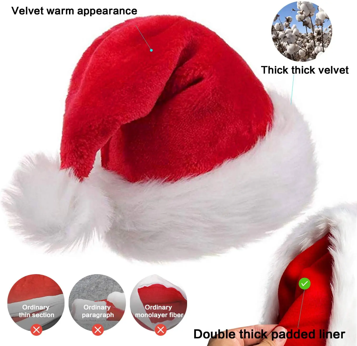 Шляпа Санта Клауса для взрослых Lvcky бархатная Рождественская шапка с плюшевой