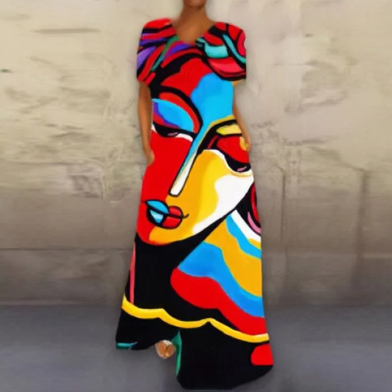 

Ladies Elegant Abstract Girl Printed Party Dresses Casual Short Sleeve V Neck Long Dresses Summer Loose Plus Size A-line Dresses