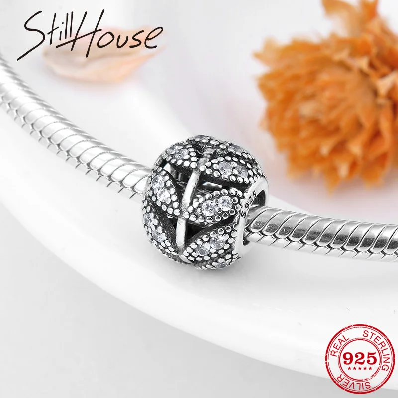 Аутентичные 925 пробы серебряные сверкающие листья дерева полые CZ бусины подходят