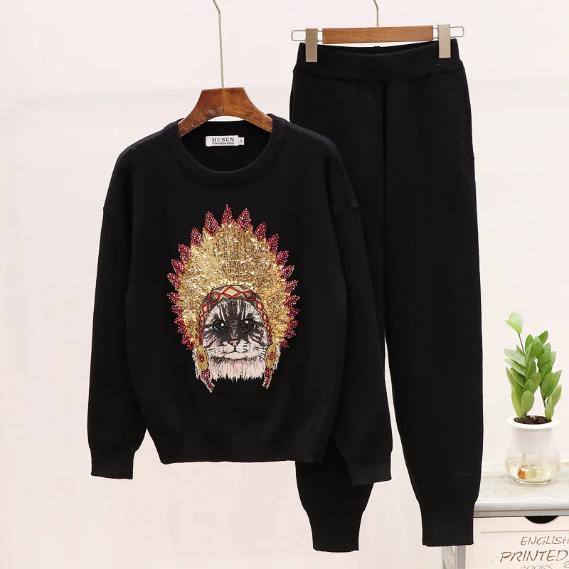 Бисероплетение с длинным рукавом со стразами свитер трикотажные брюки женский